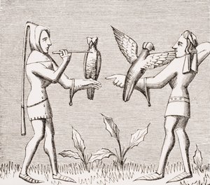 Valkeniers die hun vogels aankleden, reproductie van een miniatuur in het 14e-eeuwse manuscript 